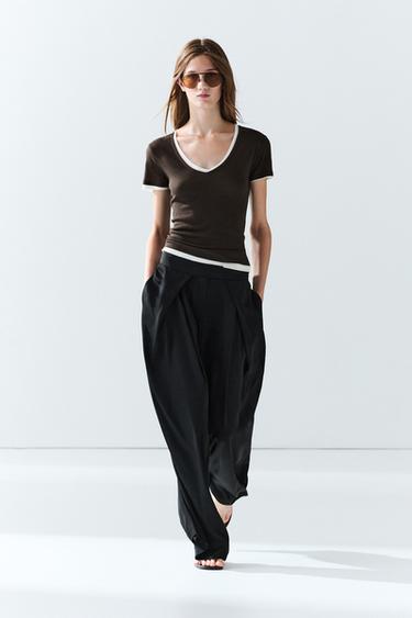 Zara 100% cotton double-layer short sleeve T-shirt - Brown - Image 0