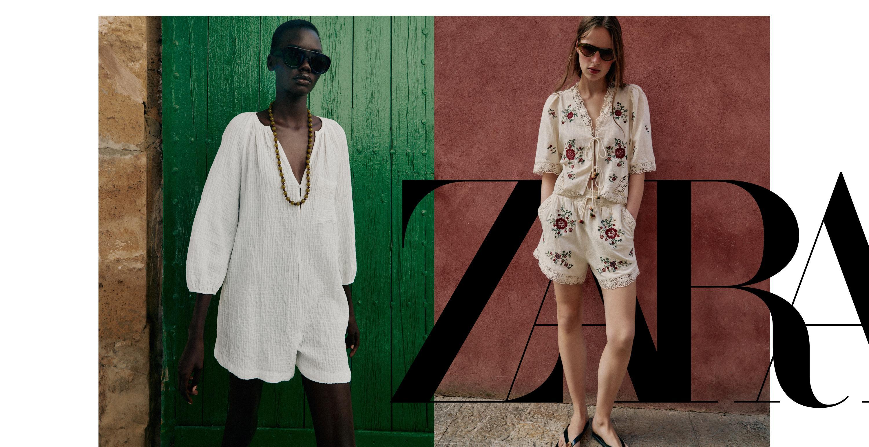 Two models wearing sunglasses pose in front of colorful walls. One is dressed in a white outfit, the other in a floral embroidered one. Text: ZARA.