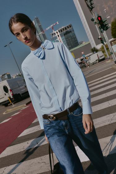 BLOUSE EN POPELINE À NŒUD - Bleu clair de Zara - Image 1