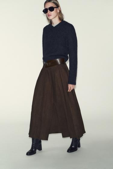 Zara BELTED MIDI SKIRT - Brown - Image 0