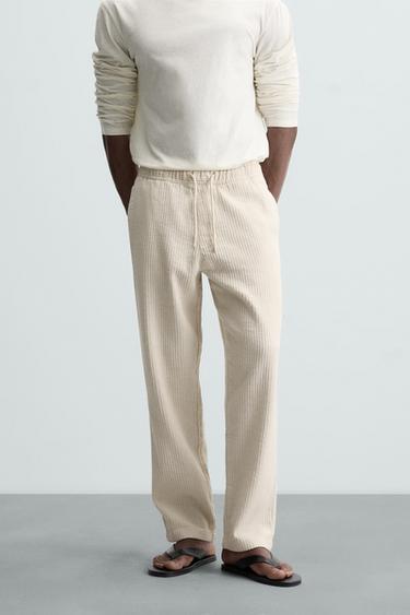 Zara STRIPED JACQUARD PANTS - Ecru