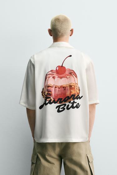 Zara GRAPHIC PRINT SATIN EFFECT SHIRT - White