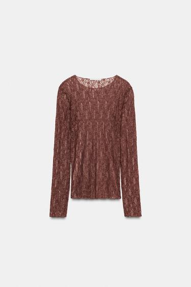 TOP MANGA LARGA ENCAJE - Marrón vigoré de Zara