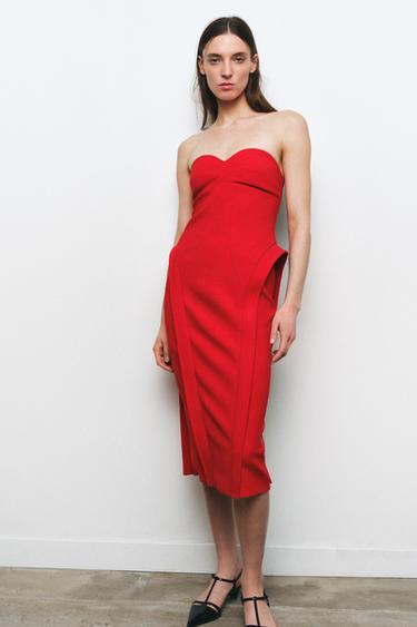 MIDI DRESS WITH SWEETHEART NECKLINE - Red by Zara