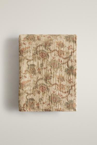COTTON LINEN FLORAL BLANKET — Beige 1