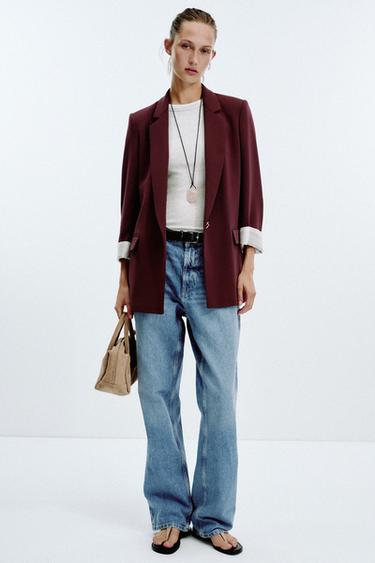 Zara PRINTED CUFF BLAZER - Burgundy