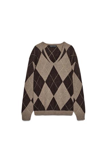 100% WOOL DIAMOND JUMPER - Brown / Taupe by Zara - Image 0