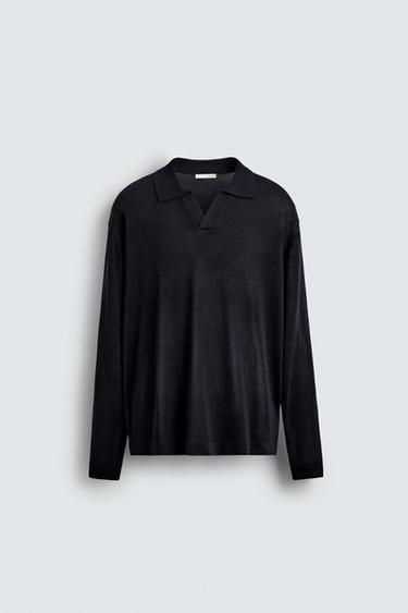 Zara TEXTURED KNIT POLO SHIRT - Dark navy