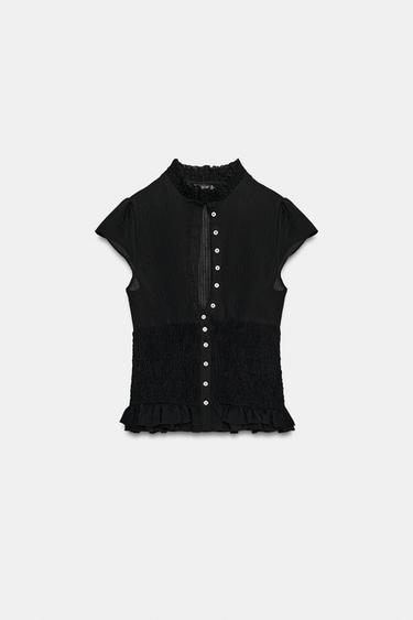 SMOCKED RUFFLE SHIRT - Black by Zara