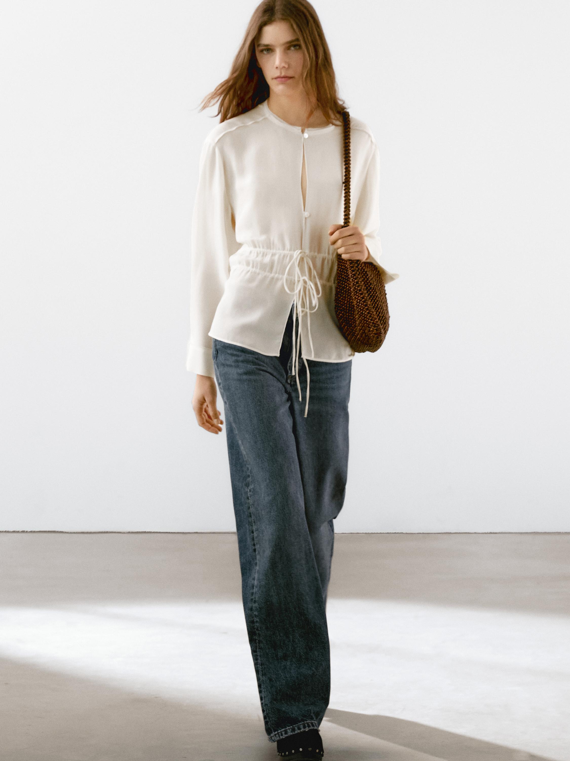 Flowing semi-sheer shirt with ties - Ecru | ZARA United States