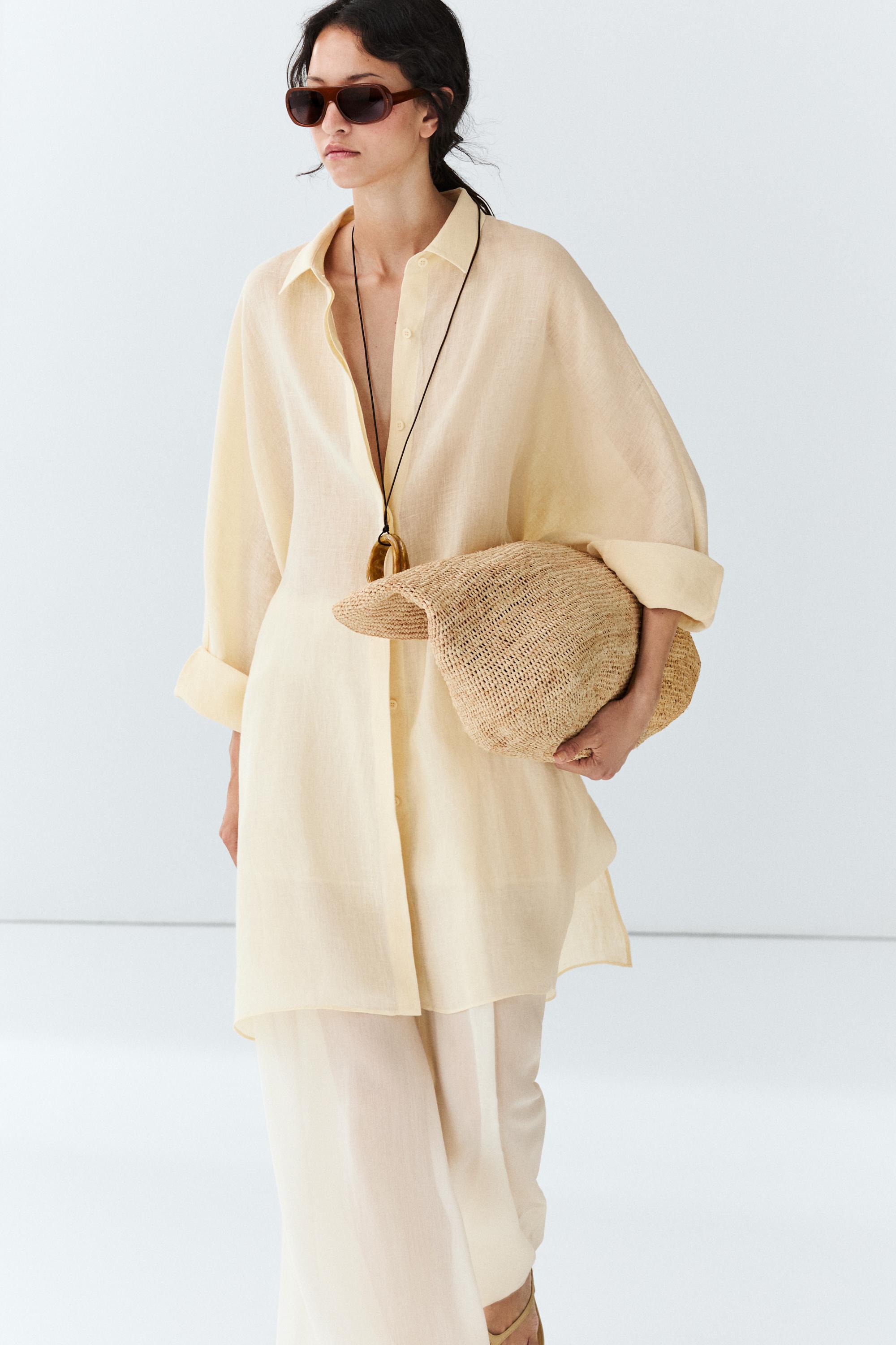 100% linen short shirt dress — Light yellow