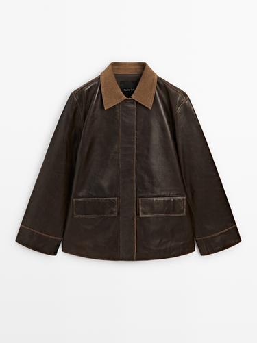 Zara Nappa leather parka with corduroy detail - Brown