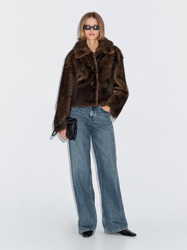 Zara Short leather coat with fur - Brown