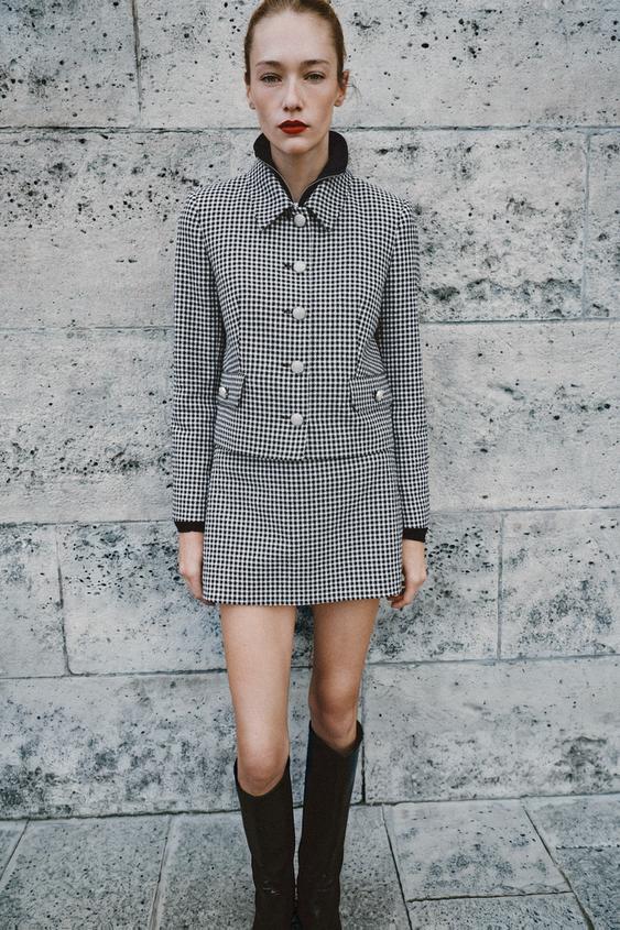 Zara KRATKA KARIRANA JAKNA – crna / bela – Slika 0