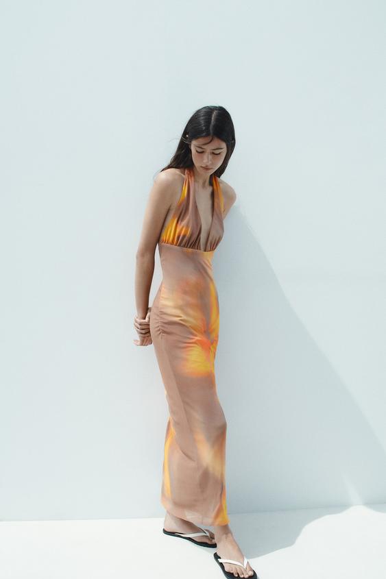 PRINTED TULLE MIDI HALTER DRESS