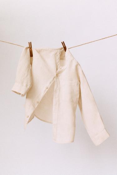 Zara 100% LINEN MANDARIN COLLAR SHIRT - Light beige