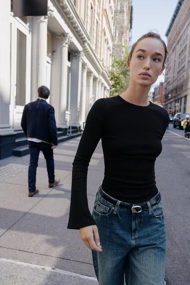 RIB T-SHIRT WITH FLARED SLEEVES - Black by Zara - Image 3
