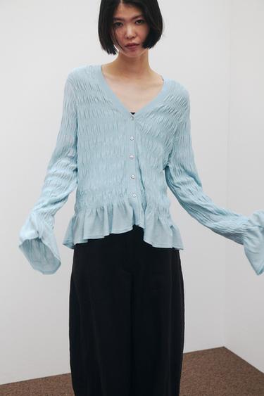 GATHERED KNIT CARDIGAN - Light blue by Zara