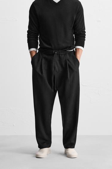 Zara 打褶人造麂皮長褲 - 黑色