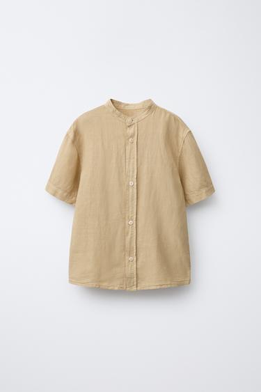 COTTON LINEN STAND COLLAR SHIRT - Sand by Zara