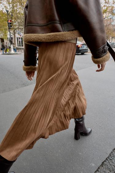 PLEATED FAUX SUEDE MIDI SKIRT WITH BELT - Light brown by Zara - Image 2