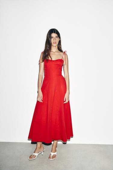 VESTIDO MIDI POPELÍN - Rojo de Zara