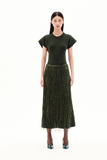 Zara ZARA WOMAN COLLECTION 亮片流蘇裙 LIMITED EDITION - 綠色