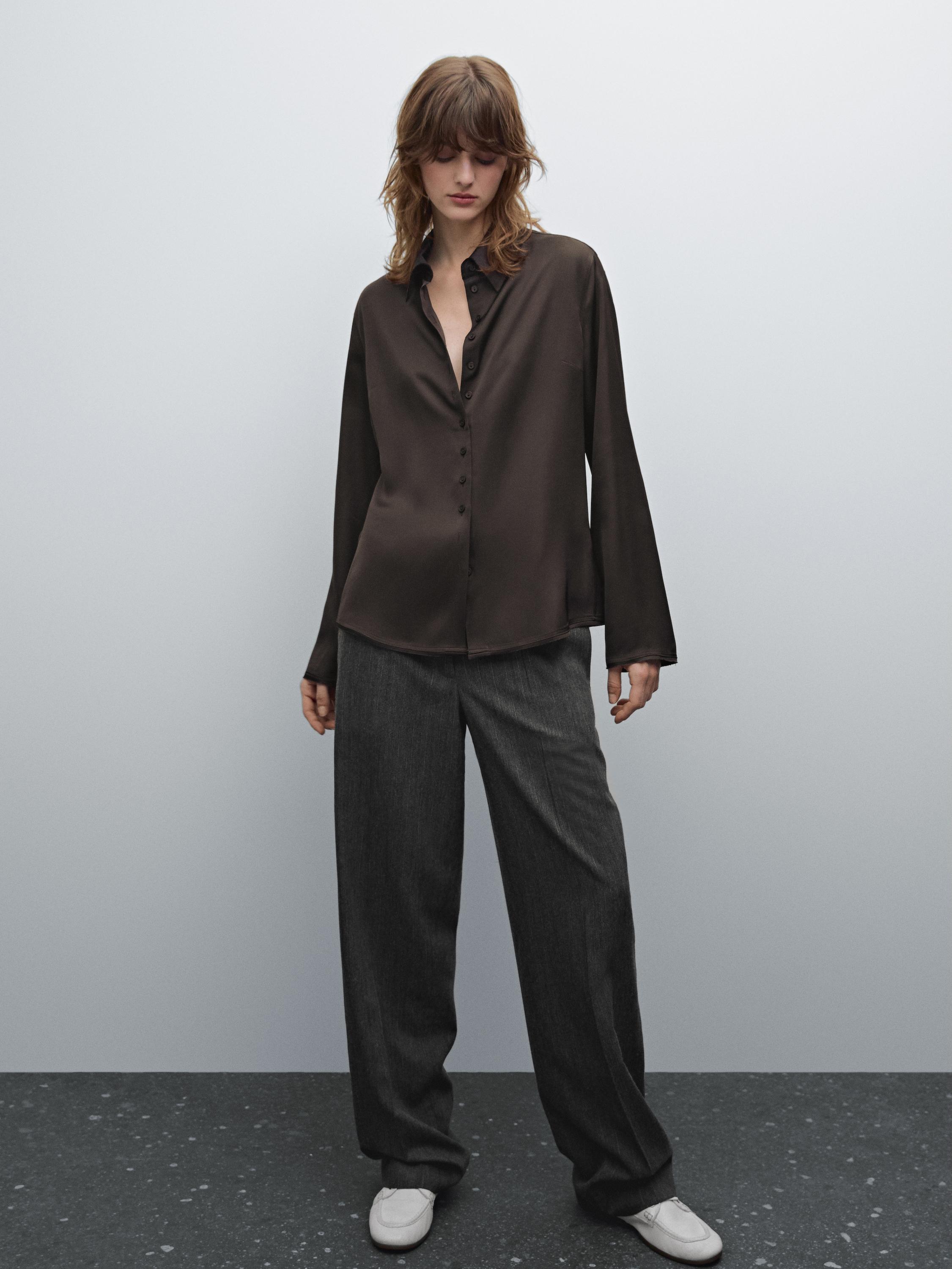 Flowing satin shirt with small buttons - Brown | ZARA United