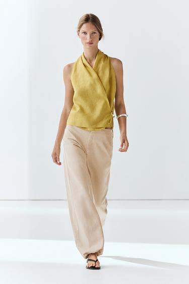 Zara 100% linen crossover halter top - Lime green