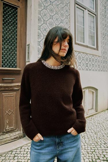Zara KNIT JEWELED BEAD COLLAR JUMPER - Brown