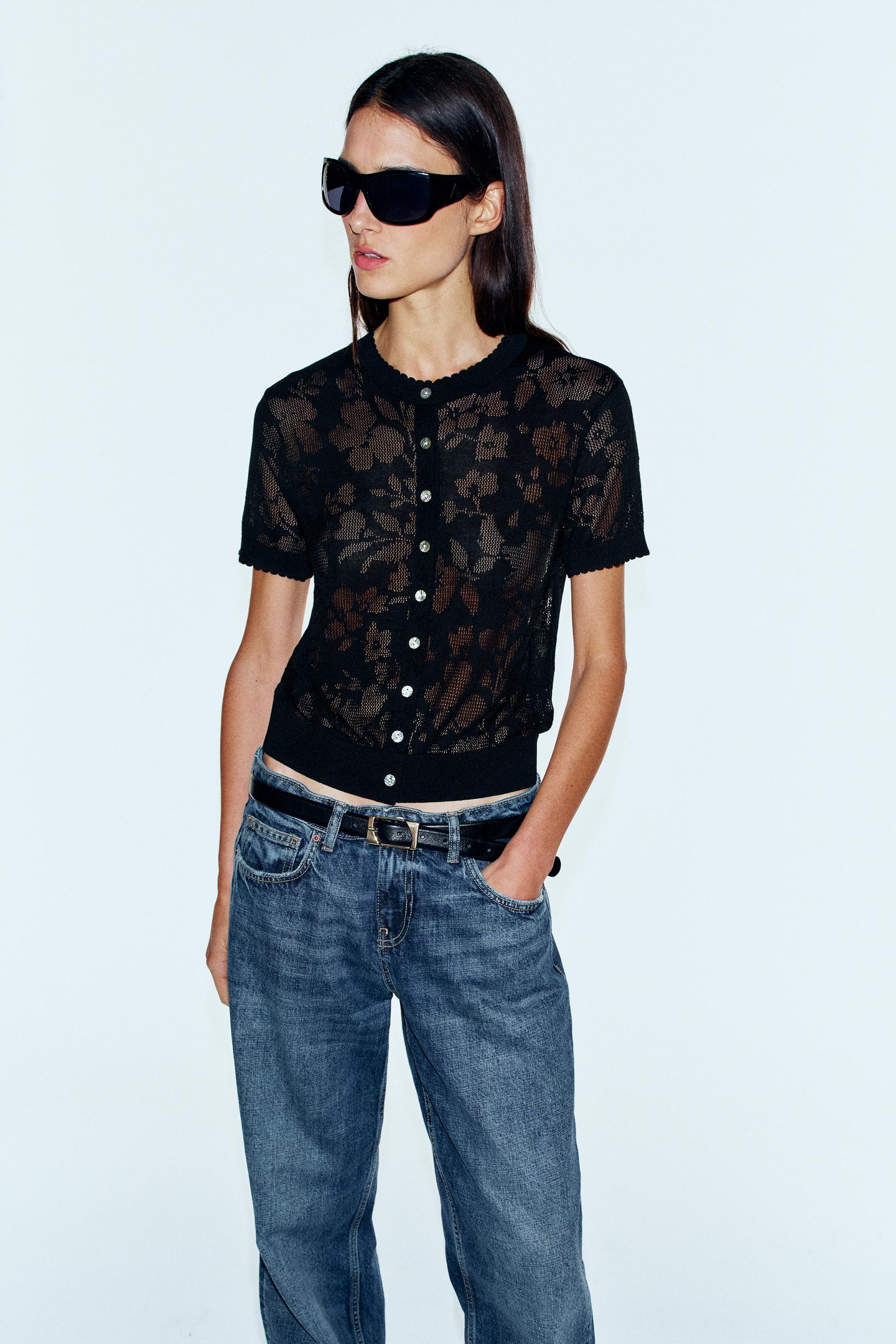 Женские свитеры Zara Floral Short-Sleeve Cardingan, цвет: Чёрный — фото 2