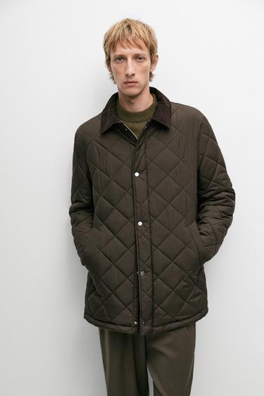 Long quilted jacket with corduroy collar — Brown marl 2