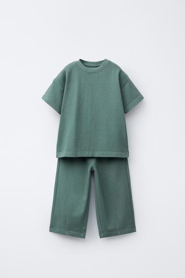 Zara PLAIN WIDE LEG T-SHIRT AND PANTS SET - Green
