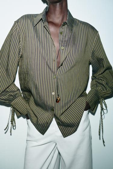 CAMISA ÀS RISCAS COM LAÇOS - Caqui-escuro da Zara