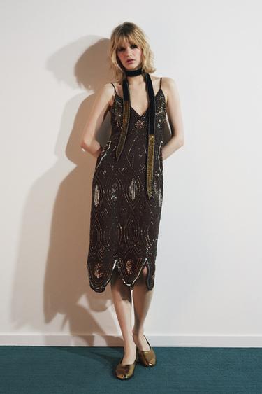 GEORGETTE SEQUIN BEAD DRESS - Brown by Zara