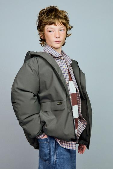 WATER-REPELLENT 50% FEATHER AND 50% DOWN PUFFER JACKET WITH LABEL - Dark charcoal grey by Zara