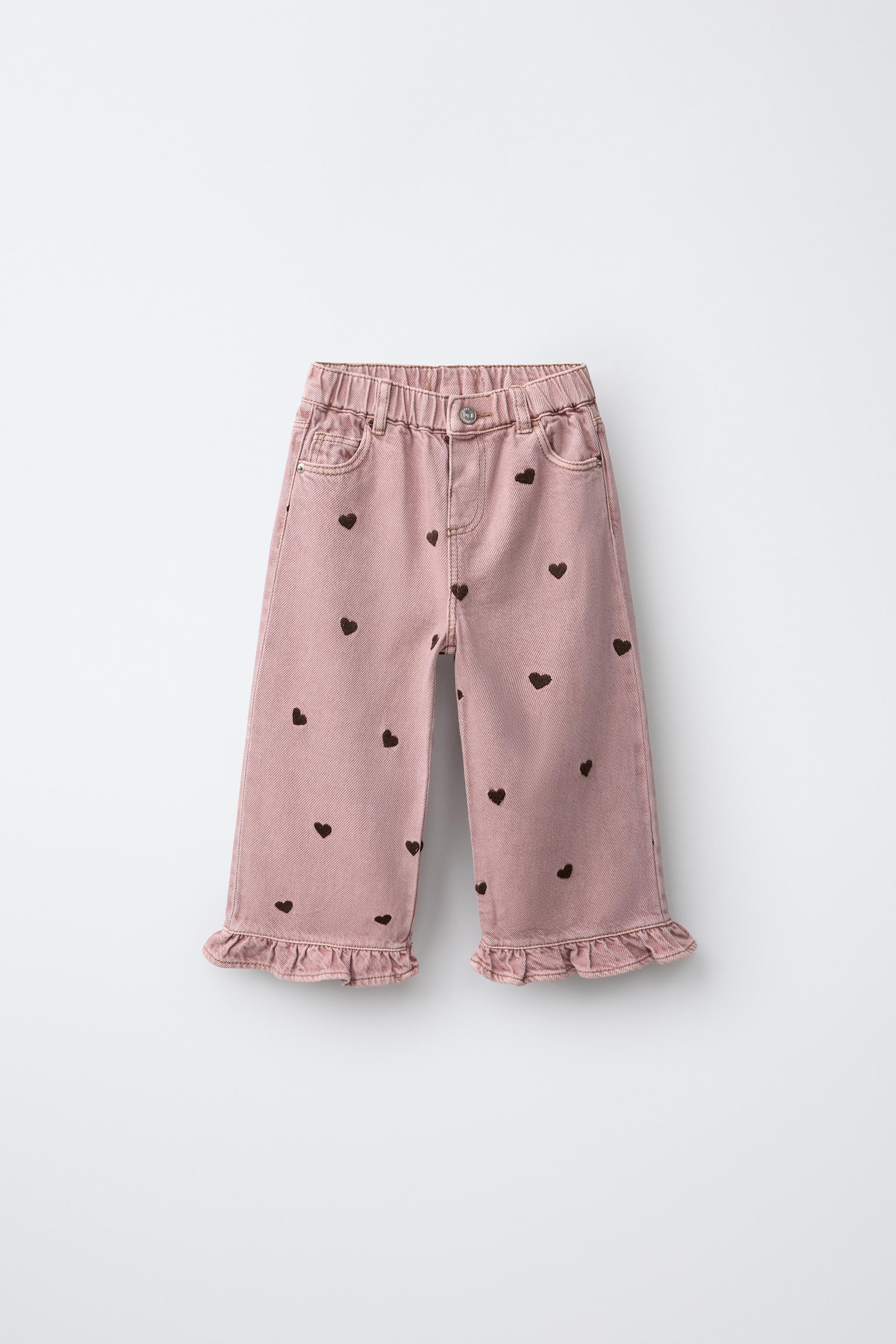 EMBROIDERED HEART RUFFLE CULOTTE JEANS — Dusty pink