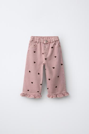 Zara EMBROIDERED HEART RUFFLE CULOTTE JEANS - Dusty pink - Image 0