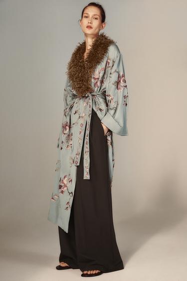 Zara FAUX FUR COLLAR KIMONO ZW COLLECTION LIMITED EDITION - Light blue