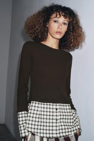 Zara CONTRAST PLAID T-SHIRT - Brown