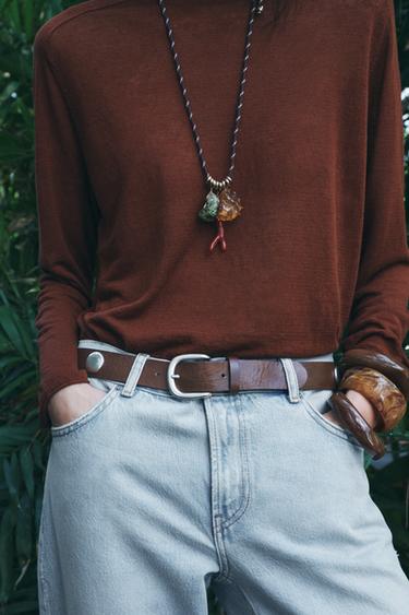 STUDDED LEATHER BELT - Brown by Zara - Image 0