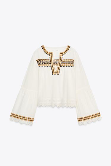 РИЗА С БРОДЕРИИ ZW COLLECTION - Екрю от Zara
