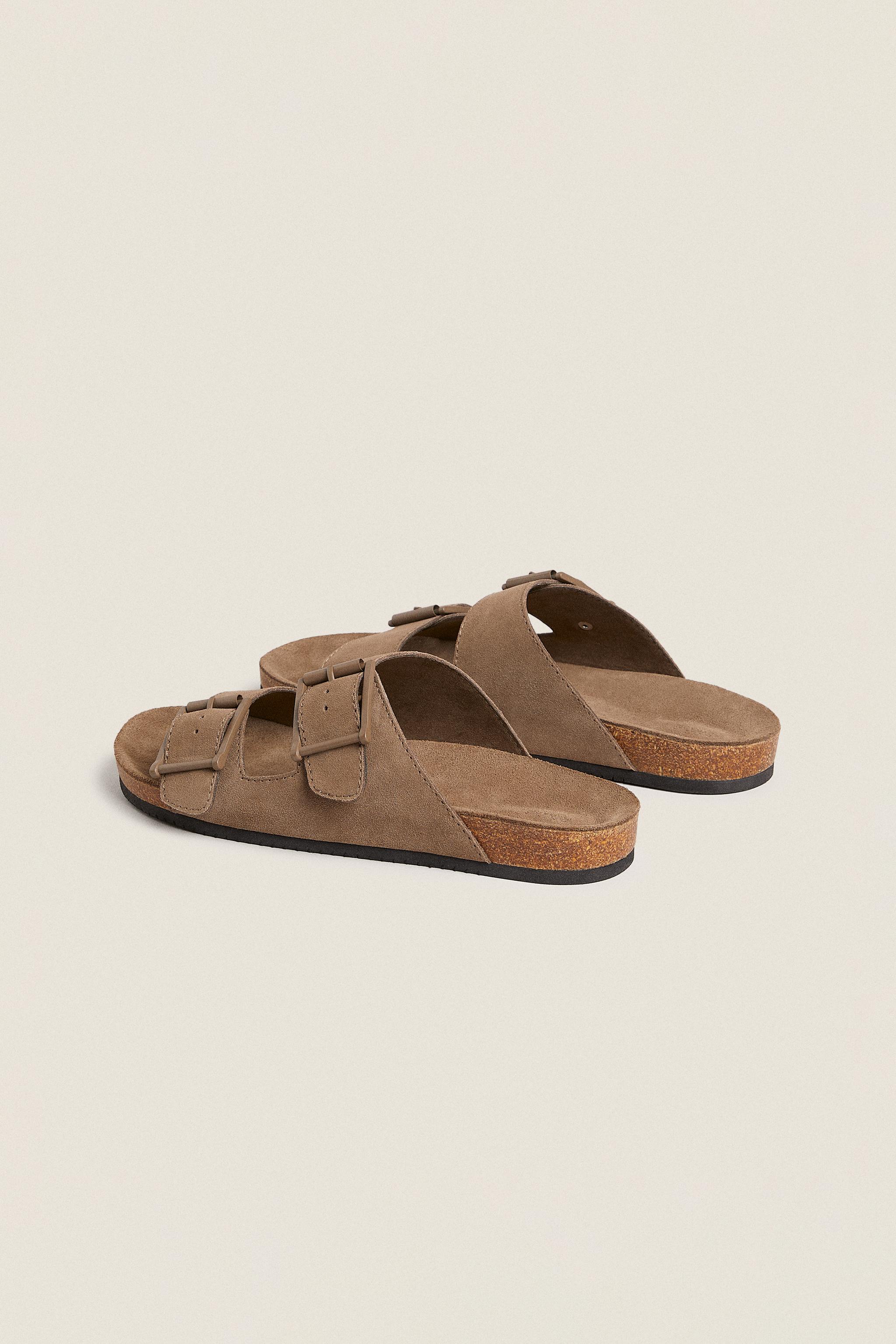 SPLIT LEATHER DOUBLE-STRAP SANDALS - Taupe Gray | ZARA United States