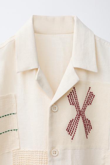 EMBROIDERED PATCHWORK LINEN-BLEND SHIRT - Ecru by Zara - Image 2