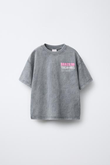 Zara WASHED EFFECT TEXT T-SHIRT - Anthracite grey
