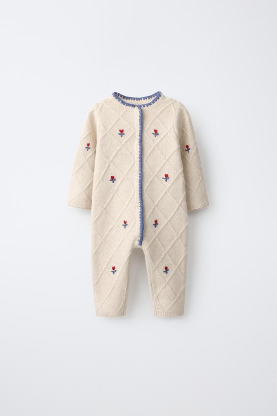 LONG KNIT JUMPSUIT WITH EMBROIDERED FLOWERS - Light beige by Zara - Image 0