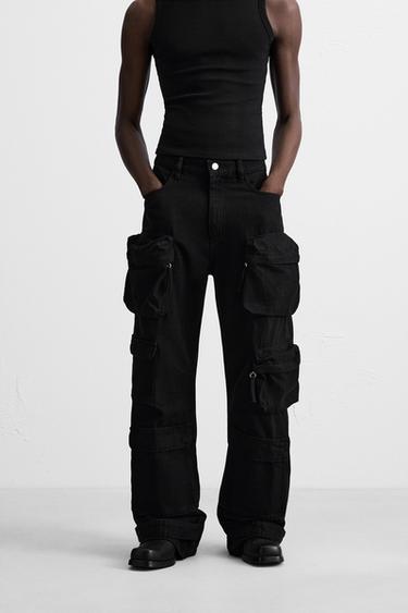 Zara DENIM CARGO PANTS WITH POCKETS - Black