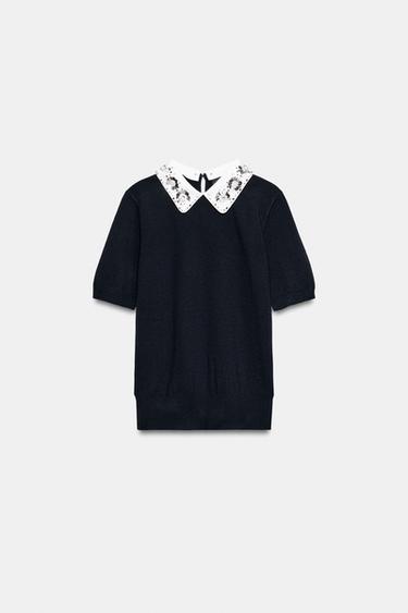 KNIT JUMPER WITH JEWEL BEADS - Navy blue by Zara