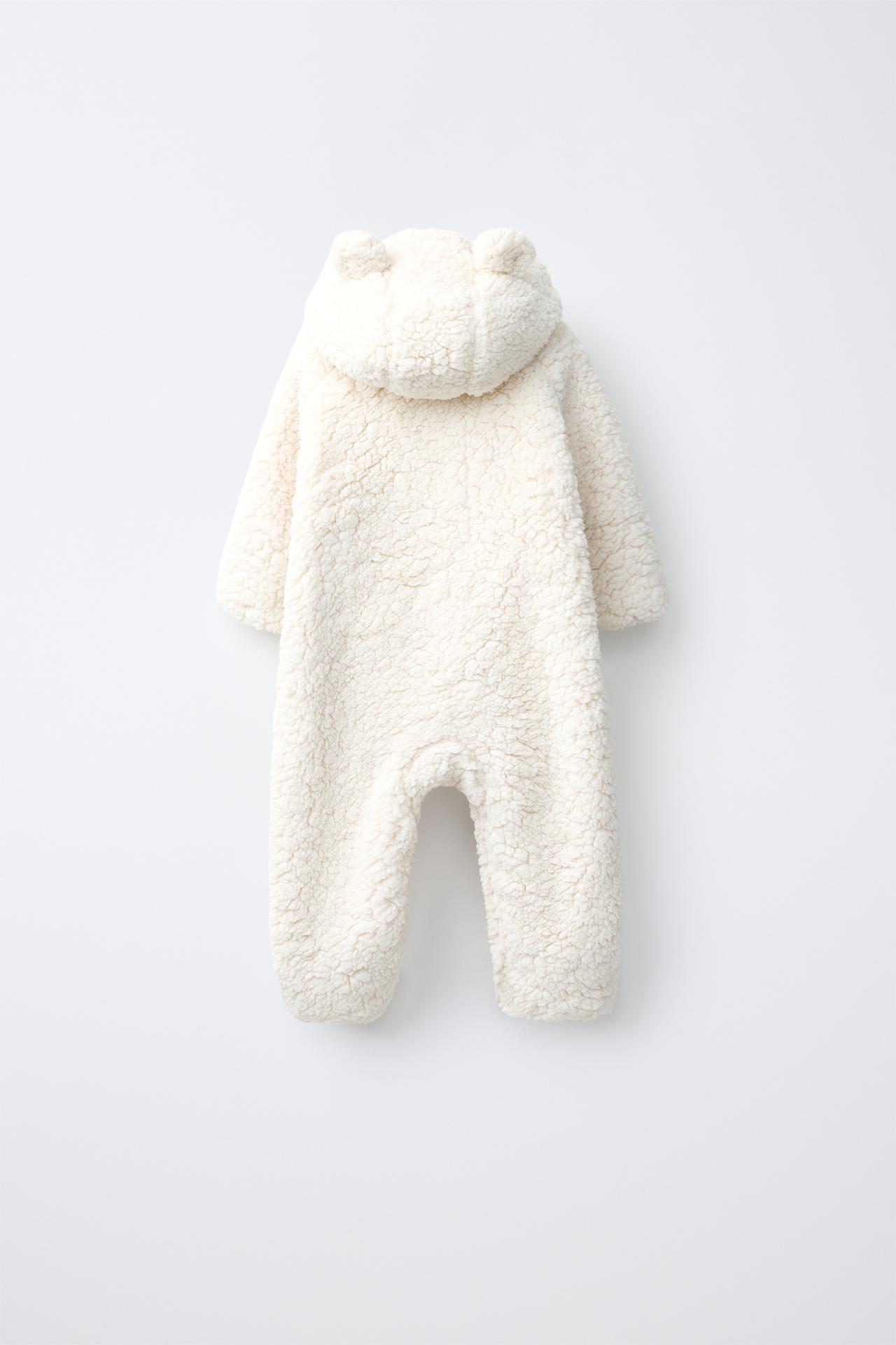 FAUX SHEARLING HOODIE JUMPSUIT WITH EARS — Ecru