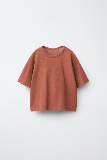 PLAIN LINEN AND COTTON T-SHIRT - Brick by Zara